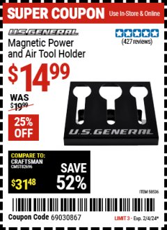 Harbor Freight Coupon U.S. GENERAL 18 IN. MAGNETIC TOOL HOLDER Lot No. 60433/61199 Expired: 2/4/24 - $14.99