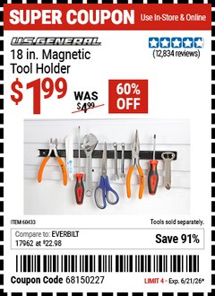 Harbor Freight Coupon U.S. GENERAL 18 IN. MAGNETIC TOOL HOLDER Lot No. 60433/61199 Valid Thru: 6/21/26 - $1.99