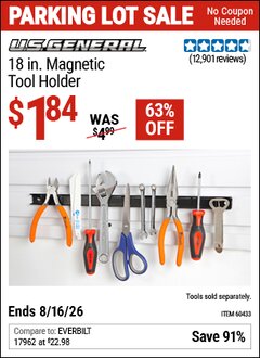 Harbor Freight Coupon U.S. GENERAL 18 IN. MAGNETIC TOOL HOLDER Lot No. 60433/61199 EXPIRES: 8/16/26 - $1.84