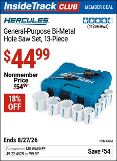 Harbor Freight Coupon HERCULES GENERAL-PURPOSE BI-METAL HOLE SAW SET, 13-PIECE Lot No. 63761 Valid: 12/31/69 - 8/27/26 - $44.99