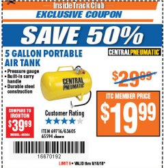 Harbor Freight ITC Coupon 5 GALLON PORTABLE AIR TANK Lot No. 69716/63605/65594 Expired: 9/18/18 - $19.99