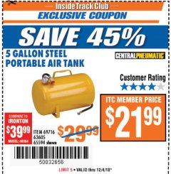 Harbor Freight ITC Coupon 5 GALLON PORTABLE AIR TANK Lot No. 69716/63605/65594 Expired: 12/4/18 - $21.99
