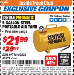Harbor Freight ITC Coupon 5 GALLON PORTABLE AIR TANK Lot No. 69716/63605/65594 Expired: 2/28/19 - $21.99