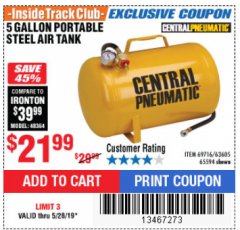 Harbor Freight ITC Coupon 5 GALLON PORTABLE AIR TANK Lot No. 69716/63605/65594 Expired: 5/28/19 - $21.99