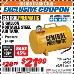 Harbor Freight ITC Coupon 5 GALLON PORTABLE AIR TANK Lot No. 69716/63605/65594 Expired: 2/29/20 - $21.99