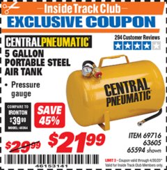 Harbor Freight ITC Coupon 5 GALLON PORTABLE AIR TANK Lot No. 69716/63605/65594 Expired: 4/30/20 - $21.99