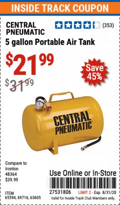 Harbor Freight ITC Coupon 5 GALLON PORTABLE AIR TANK Lot No. 69716/63605/65594 Expired: 8/31/20 - $2.99