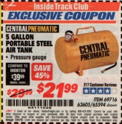 Harbor Freight ITC Coupon 5 GALLON PORTABLE AIR TANK Lot No. 69716/63605/65594 Expired: 7/31/19 - $21.99
