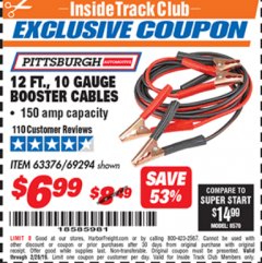 Harbor Freight ITC Coupon 12 FT., 10 GAUGE BOOSTER CABLES Lot No. 63376/69294 Expired: 2/28/19 - $6.99