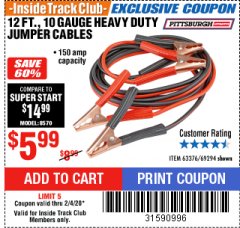 Harbor Freight ITC Coupon 12 FT., 10 GAUGE BOOSTER CABLES Lot No. 63376/69294 Expired: 2/4/20 - $5.99