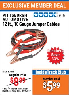 Harbor Freight ITC Coupon 12 FT., 10 GAUGE BOOSTER CABLES Lot No. 63376/69294 Expired: 3/25/21 - $5.99