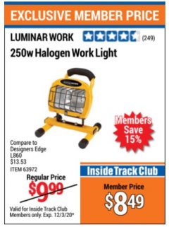 Harbor Freight ITC Coupon 250 WATT PORTABLE HALOGEN WORK LIGHT Lot No. 63972 Expired: 12/3/20 - $8.49