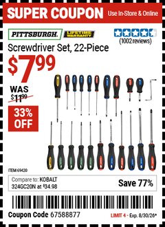 Harbor Freight Coupon PITTSBURGH SCREWDRIVER SET, 22-PIECE Lot No. 69420 Valid Thru: 8/30/26 - $7.99