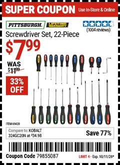 Harbor Freight Coupon PITTSBURGH SCREWDRIVER SET, 22-PIECE Lot No. 69420 EXPIRES: 10/11/26 - $7.99