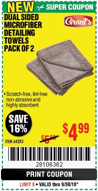 Harbor Freight Coupon DUAL SIDED MICROFIBER DETAILING TOWELS PACK OF 2 Lot No. 64283 Expired: 9/30/18 - $4.99