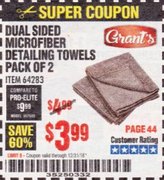 Harbor Freight Coupon DUAL SIDED MICROFIBER DETAILING TOWELS PACK OF 2 Lot No. 64283 Expired: 12/31/18 - $3.99