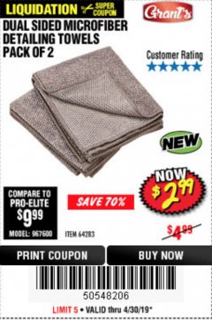 Harbor Freight Coupon DUAL SIDED MICROFIBER DETAILING TOWELS PACK OF 2 Lot No. 64283 Expired: 4/30/19 - $2.99