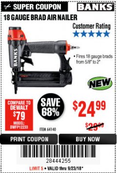 Harbor Freight Coupon 18 GAUGE BRAD AIR NAILER Lot No. 64140 Expired: 9/23/18 - $24.99