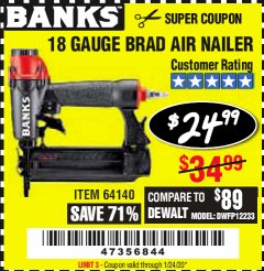 Harbor Freight Coupon 18 GAUGE BRAD AIR NAILER Lot No. 64140 Expired: 1/24/20 - $24.99