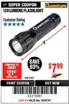 Harbor Freight Coupon QUANTUM 120 LUMENS FLASHLIGHT Lot No. 63937 Expired: 10/28/18 - $7.99