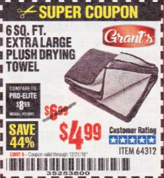 Harbor Freight Coupon GRANT'S 6 SQ. FT. XL DUAL SIDED DRYING TOWEL Lot No. 64312 Expired: 12/31/18 - $4.99