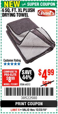 Harbor Freight Coupon GRANT'S 6 SQ. FT. XL DUAL SIDED DRYING TOWEL Lot No. 64312 Expired: 12/23/18 - $4.99