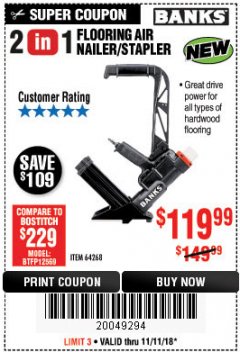 Harbor Freight Coupon BANKS 2-IN-1 FLOORING AIR NAILER/STAPLER Lot No. 64268 Expired: 11/11/18 - $119.99