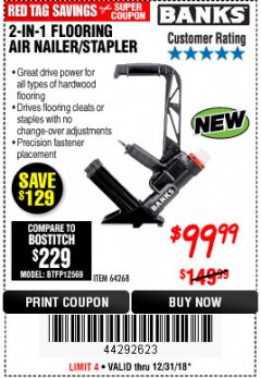 Harbor Freight Coupon 2 IN 1 FLOORING AIR NAILER/STAPLER Lot No. 64268 Expired: 12/31/18 - $99.99
