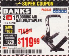 Harbor Freight Coupon BANKS 2-IN-1 FLOORING AIR NAILER/STAPLER Lot No. 64268 Expired: 12/31/18 - $119.99