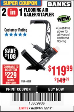 Harbor Freight Coupon 2 IN 1 FLOORING AIR NAILER/STAPLER Lot No. 64268 Expired: 6/30/19 - $119.99