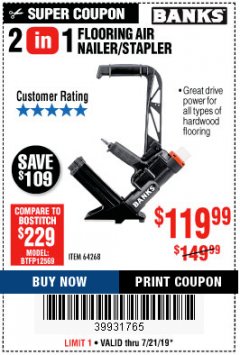 Harbor Freight Coupon BANKS 2-IN-1 FLOORING AIR NAILER/STAPLER Lot No. 64268 Expired: 7/21/19 - $119.99