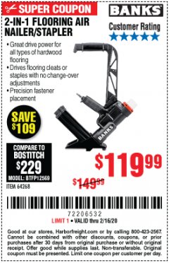 Harbor Freight Coupon BANKS 2-IN-1 FLOORING AIR NAILER/STAPLER Lot No. 64268 Expired: 2/16/20 - $119.99