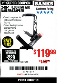 Harbor Freight Coupon BANKS 2-IN-1 FLOORING AIR NAILER/STAPLER Lot No. 64268 Expired: 6/30/20 - $119.99