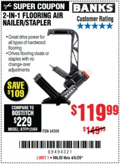 Harbor Freight Coupon 2 IN 1 FLOORING AIR NAILER/STAPLER Lot No. 64268 Expired: 6/30/20 - $119.99