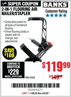 Harbor Freight Coupon BANKS 2-IN-1 FLOORING AIR NAILER/STAPLER Lot No. 64268 Expired: 6/30/20 - $119.99