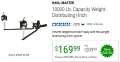 Harbor Freight Coupon 10,000 LB. CAPACITY WEIGHT-DISTRIBUTING HITCH SYSTEM Lot No. 67649/61720 Expired: 6/30/20 - $169.99