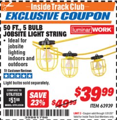 Harbor Freight ITC Coupon 50 FT., 5 BULB JOBSITE LIGHT STRING Lot No. 63939 Expired: 1/31/20 - $39.99