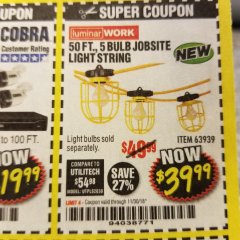Harbor Freight Coupon 50 FT., 5 BULB JOBSITE LIGHT STRING Lot No. 63939 Expired: 11/30/18 - $39.99