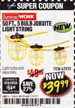 Harbor Freight Coupon 50 FT., 5 BULB JOBSITE LIGHT STRING Lot No. 63939 Expired: 11/30/18 - $39.99