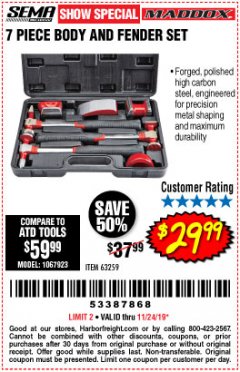 Harbor Freight Coupon 7 PIECE BODY AND FENDER SET Lot No. 63259 Expired: 11/24/19 - $29.99