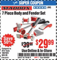 Harbor Freight Coupon 7 PIECE BODY AND FENDER SET Lot No. 63259 Expired: 9/24/20 - $29.99