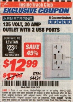 Harbor Freight ITC Coupon 125 VOLT, 20 AMP OUTLET WITH USB PORTS Lot No. 64424 Expired: 7/31/19 - $12.99