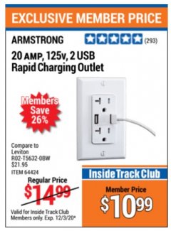 Harbor Freight ITC Coupon 125 VOLT, 20 AMP OUTLET WITH USB PORTS Lot No. 64424 Expired: 12/3/20 - $10.99