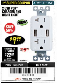 Harbor Freight Coupon 125 VOLT, 20 AMP OUTLET WITH USB PORTS Lot No. 64424 Expired: 11/30/18 - $9.99