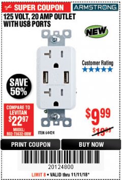 Harbor Freight Coupon 125 VOLT, 20 AMP OUTLET WITH USB PORTS Lot No. 64424 Expired: 11/4/18 - $9.99