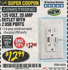 Harbor Freight Coupon 125 VOLT, 20 AMP OUTLET WITH USB PORTS Lot No. 64424 Expired: 4/30/19 - $12.99