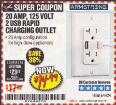 Harbor Freight Coupon 125 VOLT, 20 AMP OUTLET WITH USB PORTS Lot No. 64424 Expired: 10/31/19 - $14.99