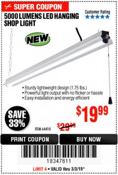 Harbor Freight Coupon BRAUN 5000 LUMENS LED HANGING SHOP LIGHT Lot No. 64410 Expired: 3/3/19 - $19.99