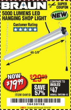 Harbor Freight Coupon BRAUN 5000 LUMENS LED HANGING SHOP LIGHT Lot No. 64410 Expired: 10/14/19 - $19.99