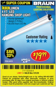 Harbor Freight Coupon BRAUN 5000 LUMENS LED HANGING SHOP LIGHT Lot No. 64410 Expired: 1/31/20 - $19.99